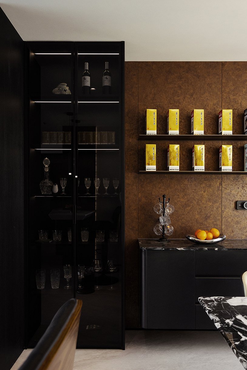 Integrated bar storage in dark timber