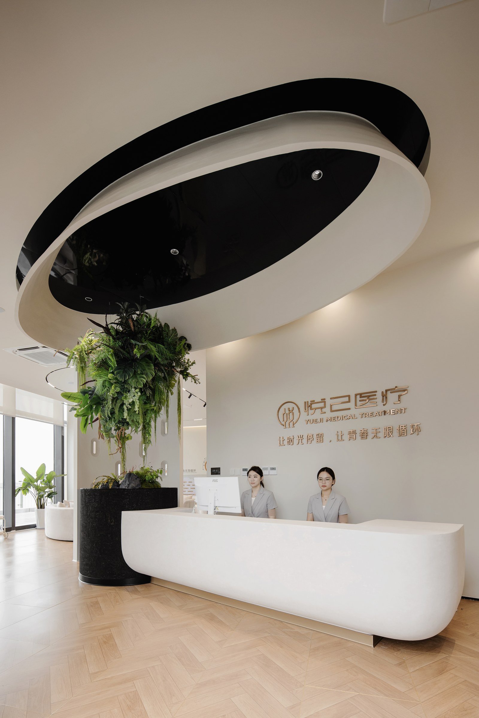 Vertical view of the reception desk and curved ceiling feature