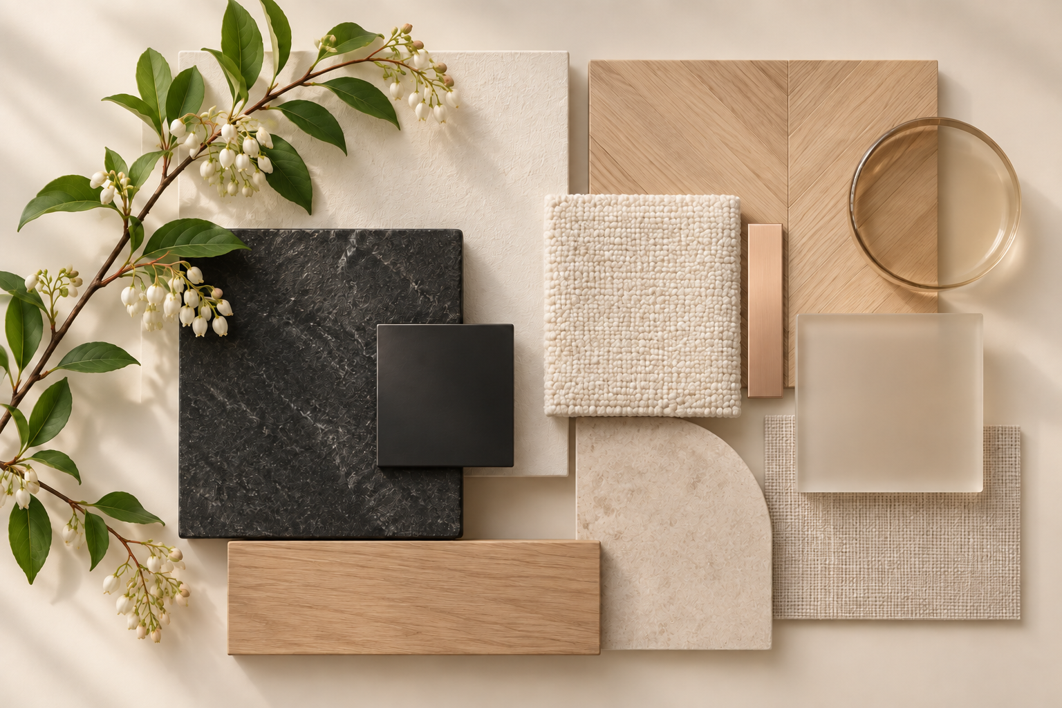 Material palette for Yueji Medical Treatment with warm white plaster, pale timber, charcoal stone, ivory upholstery, rose-gold metal and greenery